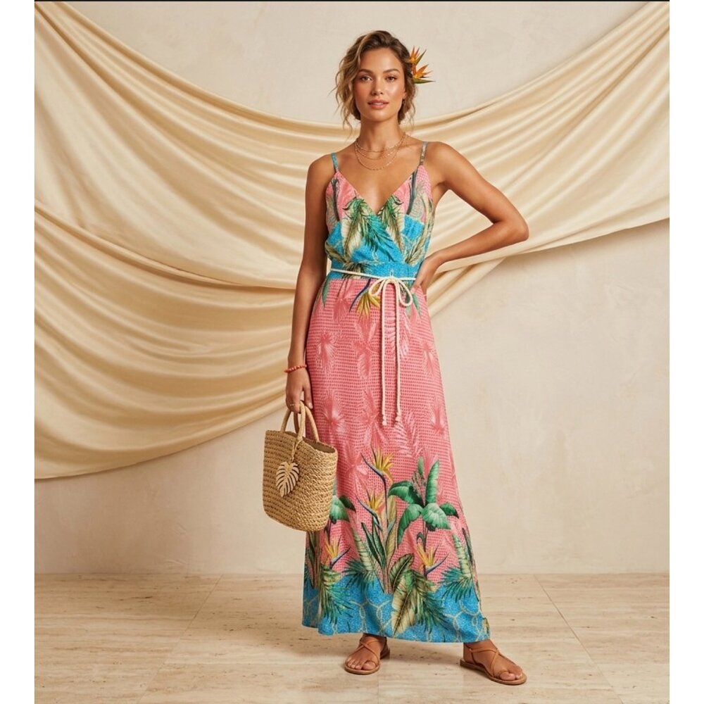 Tropical Maxi Dress Size M With Adjustable Straps Rope Belt And Vibrant Palm Pri